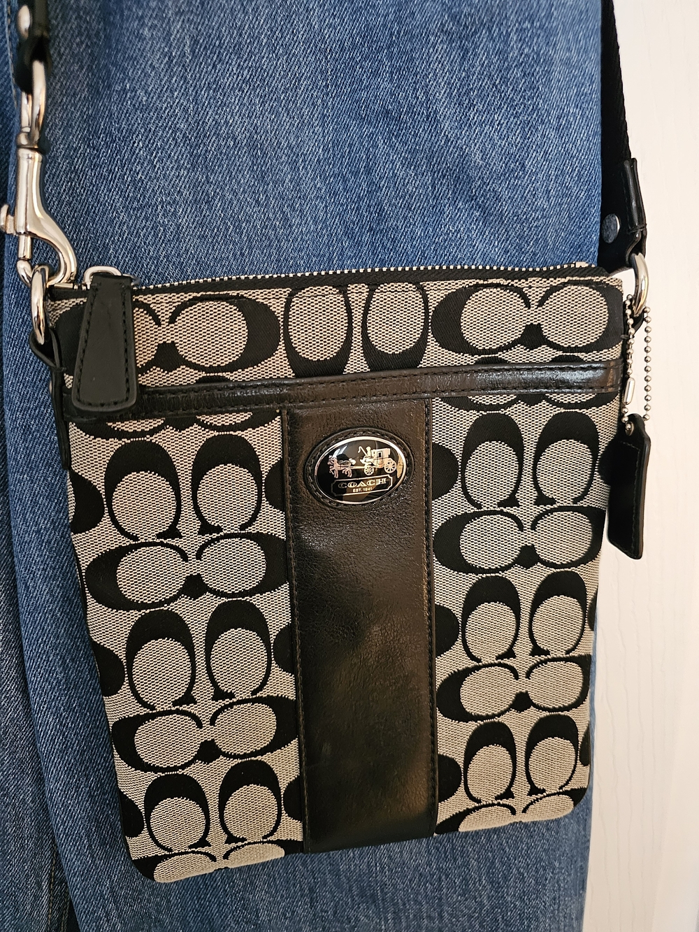 Coach Black and Khaki Signature Crossbody with Leather Center Panel